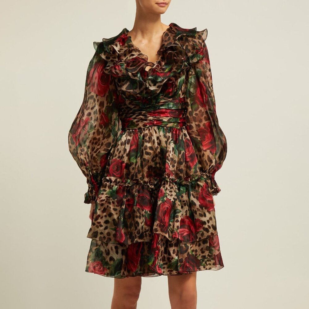 Dolce & Gabbana Leopard Rose Silk Organza Dress Size IT 38 US 2 NEW NWT